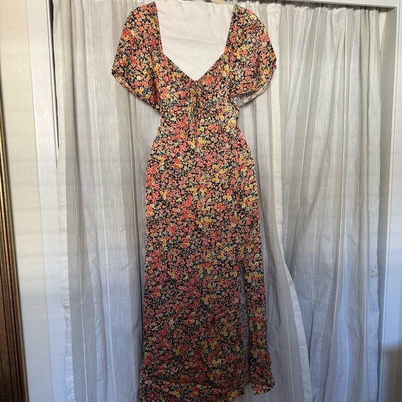 Topshop Satin Floral Sweetheart Midi Dress Black Multi US 10 - Picture 2 of 11